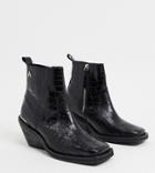 Asra Exclusive Maverick Square Toe Ankle Boots In Mock Croc Leather-black