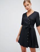 Boohoo Wrap Button Through Mini Dress In Black - Black