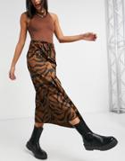 Topshop Satin Midi Skirt In Animal Print-brown
