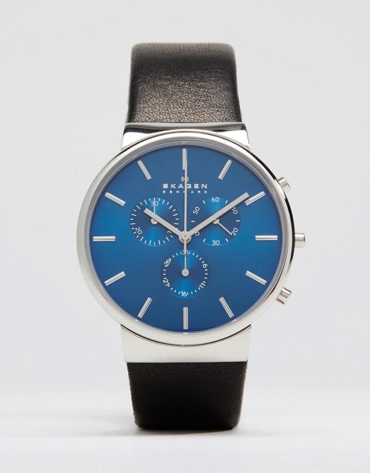 Skagen Ancher Chronograph Leather Watch In Black 40mm - Black
