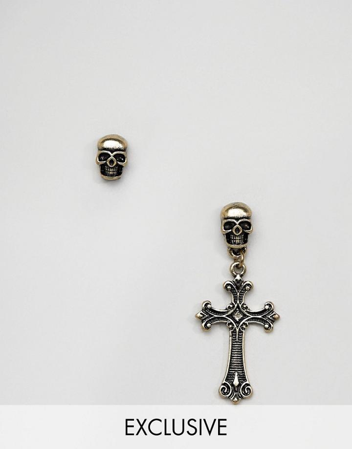 Reclaimed Vintage Inspired Earrings With Skull And Cross In Burnished Gold Exclusive To Asos - Gold