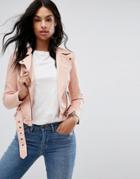 Vero Moda Petite Leather Look Belted Biker Jacket - Pink