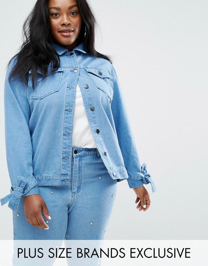 Daisy Street Plus Denim Jacket With Bow Sleeve & Back Detail - Blue