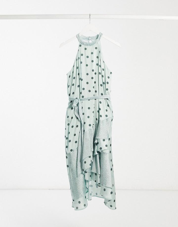 Lipsy Halter Neck Satin Midi Dress With Ruffles In Green Polkadot