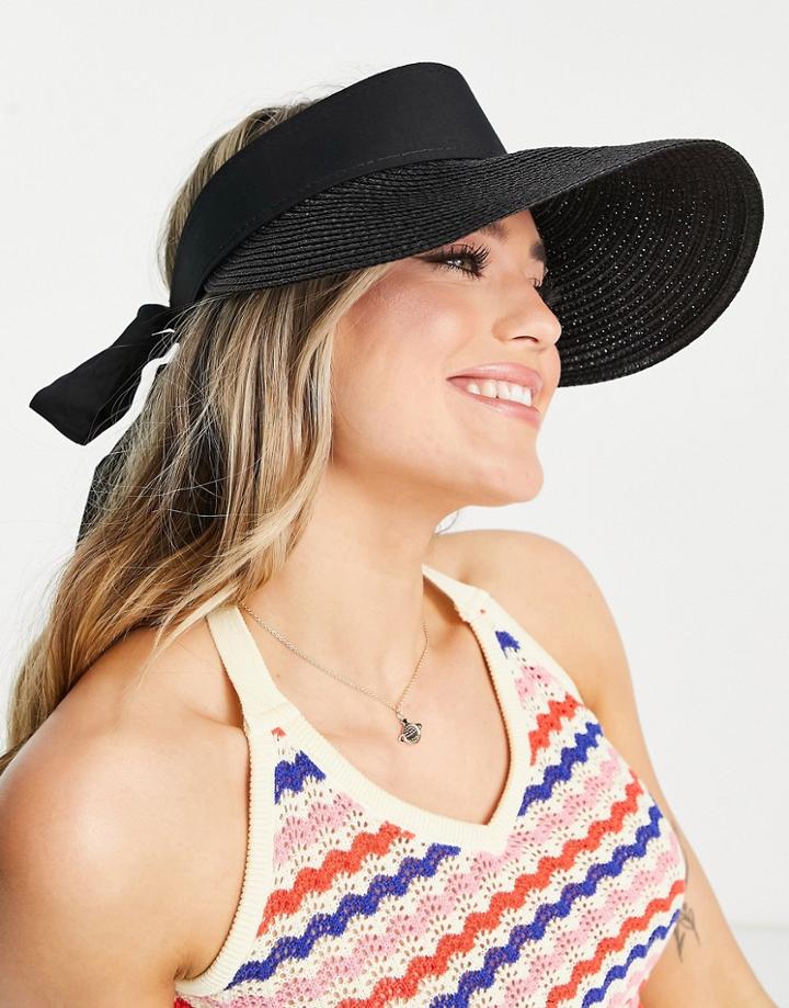 South Beach Adjustable Visor In Black Straw With Tonal Ribbon