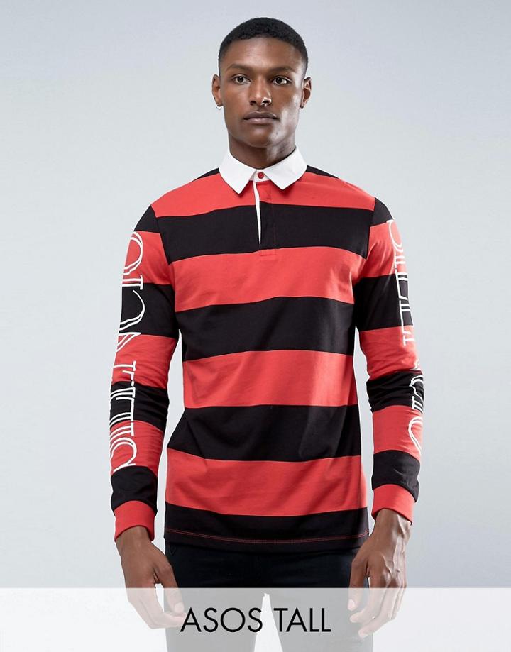 Asos Tall Relaxed Long Sleeve Rugby Polo With Block Stripe & Sleeve Print - Red