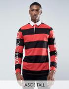 Asos Tall Relaxed Long Sleeve Rugby Polo With Block Stripe & Sleeve Print - Red