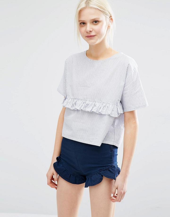 I Love Friday Boxy Top In Micro Stripe With Ruffle Trim - Blue