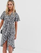 Qed London Angel Sleeve Wrap Dress In Gray Snake Print