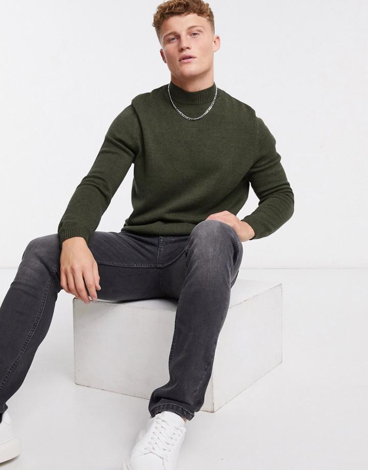 Asos Design Midweight Cotton Turtle Neck Sweater In Khaki Twist-green