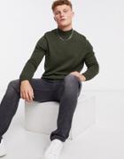 Asos Design Midweight Cotton Turtle Neck Sweater In Khaki Twist-green
