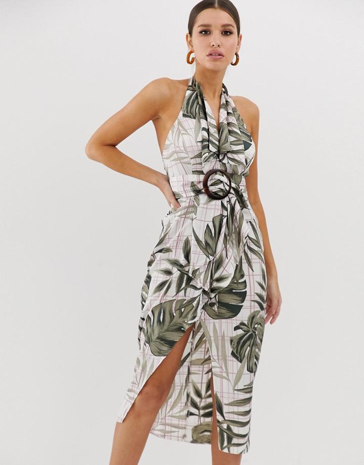 Asos Design Satin Midi Dress With Trench Detail And Horn Buckle In Palm Print-multi