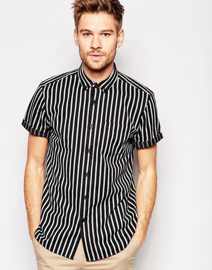 Asos Stripe Shirt In Monochrome With Short Sleeves In Regular Fit - Black