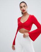 Prettylittlething Slinky V Neck Ruched Flare Sleeve Crop Top In Red - Red