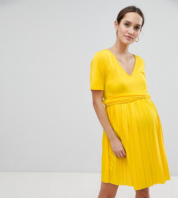 Asos Design Maternity Pleated Skater Dress With Wrap Waist - Yellow