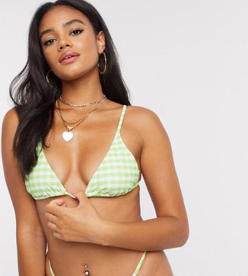 Twiin Exclusive Triangle Bikini Top In Green Gingham