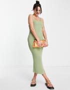 Asos Design Knit Square Neck Midi Dress In Khaki-green