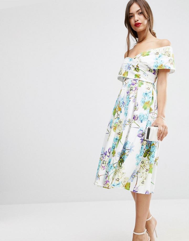 Asos Bardot Midi Prom Dress With Beautiful Blue Florals - Multi