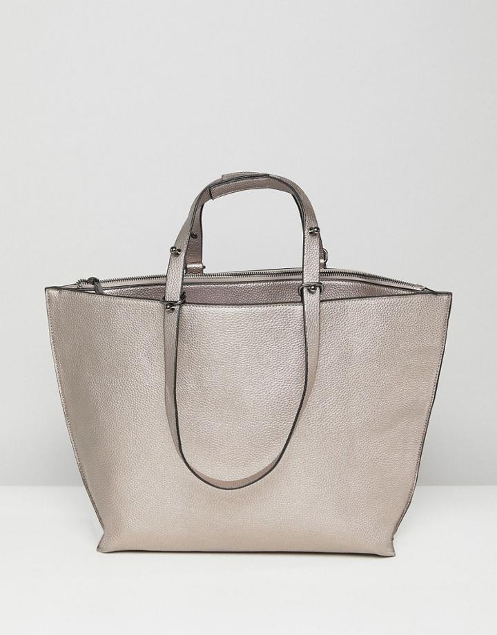 Asos Metallic Structured Shopper Bag With Extendable Handle - Silver