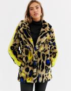 Urbancode Faux Fur Coat In Bright Leopard And Stripe Sleeve-multi