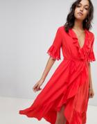 Moon River Frill Wrap Midi Dress - Red