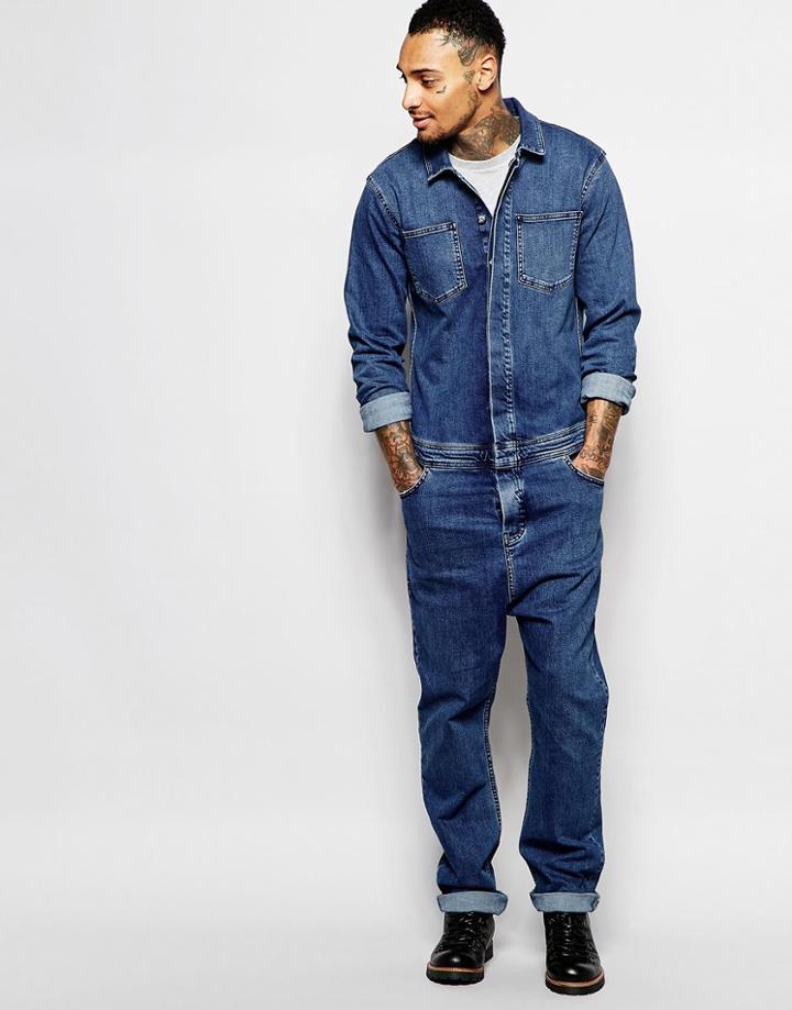 Asos Boiler Suit In Denim Mid Blue - Mid Blue
