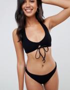 Asos Design Mix And Match Crinkle Cut Out Tie Front Bikini Top In Black - Black
