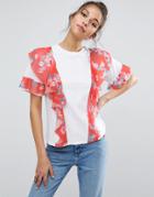 Asos T-shirt With Floral Ruffle Detail - Multi