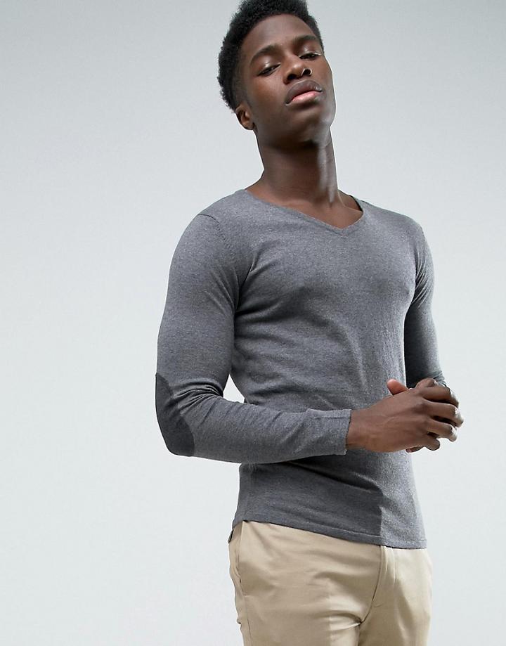 Selected Fitted V Neck Soft Feel Knitwear - Gray