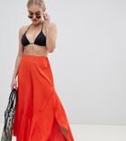 Asos Design Petite Split Frill Wide Leg Beach Pants In Burnt Orange - Orange