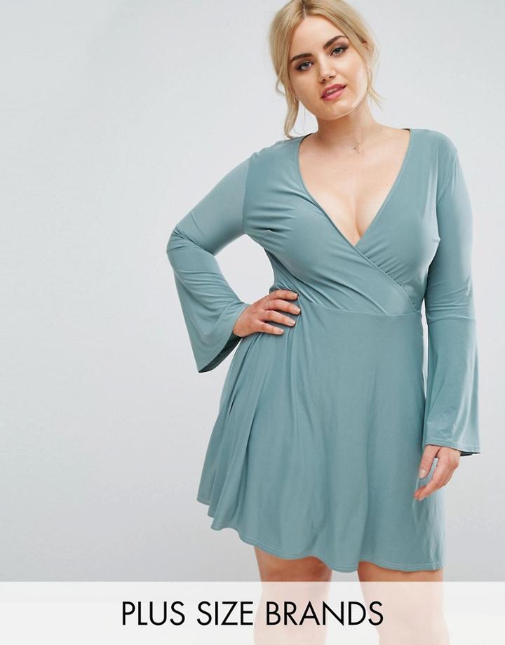 Club L Plus Slinky Rib Wrap Skater Dress - Green
