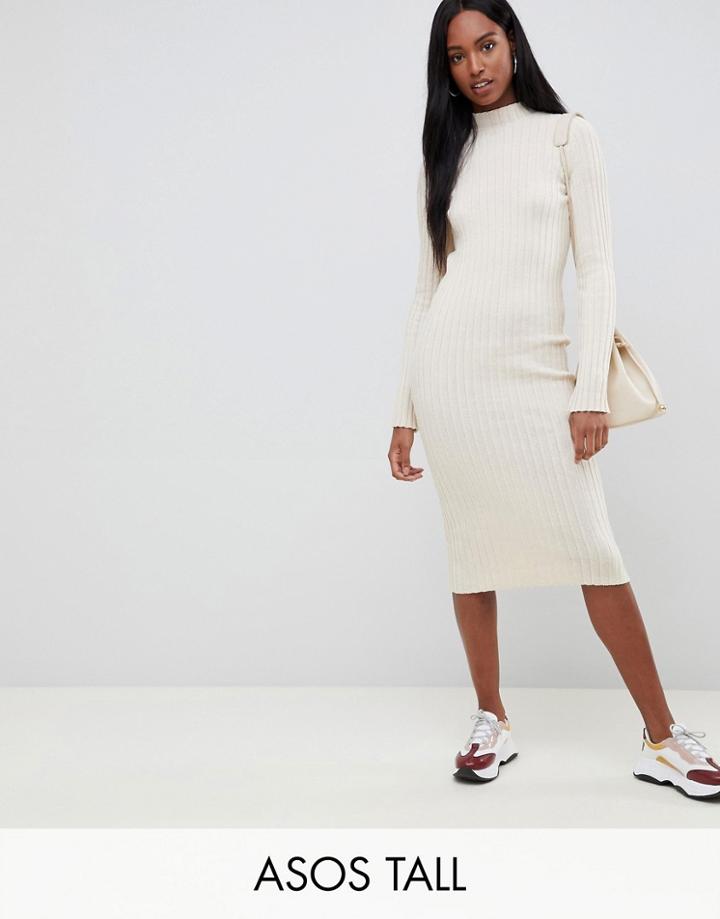 Asos Design Tall Midi Dress In Ribbed Knit - Beige