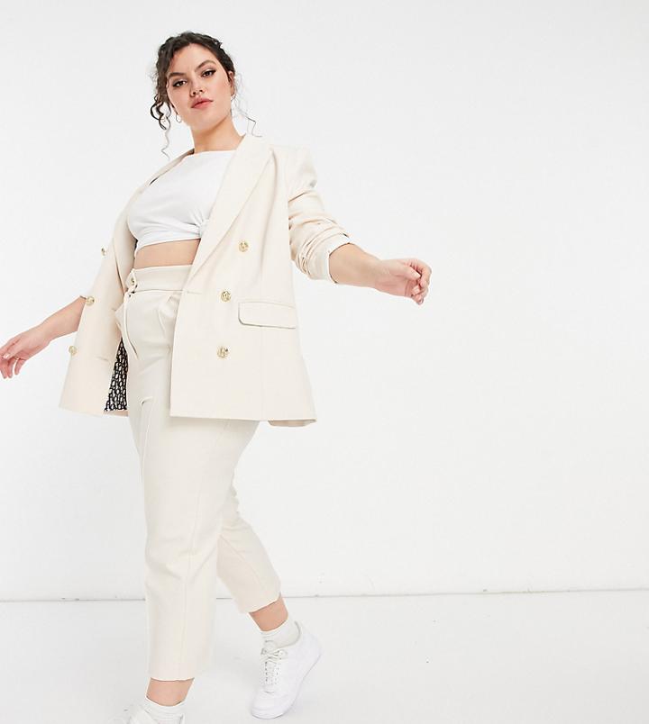 River Island Plus Button Front Tailored Peg Pants Set In Cream-white