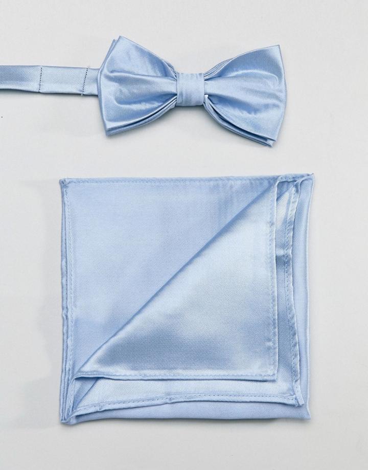 Devils Advocate Plain Satin Dusty Blue Bow Tie And Pocket Square - Blue