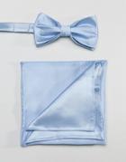 Devils Advocate Plain Satin Dusty Blue Bow Tie And Pocket Square - Blue