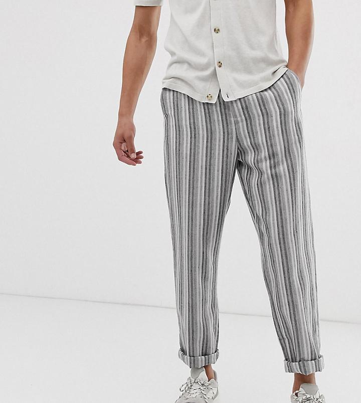 Asos Design Tall Relaxed Pants In Gray Linen Mix Stripe - Gray
