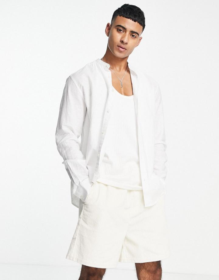 Only & Sons Linen Mix Grandad Collar Shirt In White