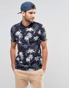Asos Palm Tree Print Pique Polo Shirt In Navy - Navy