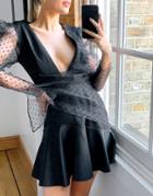 Asos Design Dot Organza Sleeve Plunge Tuck Mini Skater Dress In Black