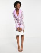Asos Design Satin Mini Tea Dress With Fur Collar In Lilac Floral-multi
