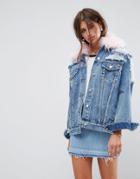 Asos Denim Jacket With Rips And Faux Fur Collar - Blue