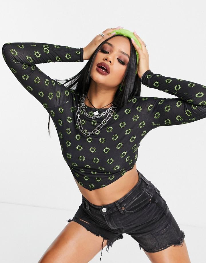 Asos Design Scarf Hem Crop Top In Sun Print In Green-red