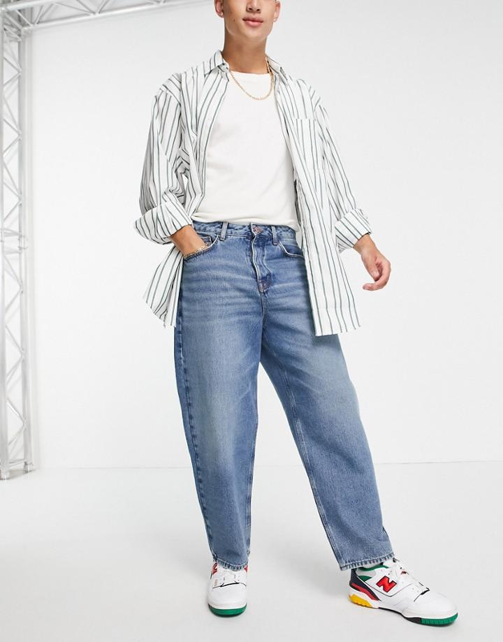Asos Design Organic Cotton Blend Barrel Jeans In Vintage Dark Wash-blues