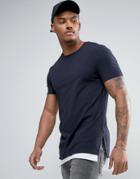 Asos Longline T-shirt In Textured Fabric With Shaped Hem - Navy