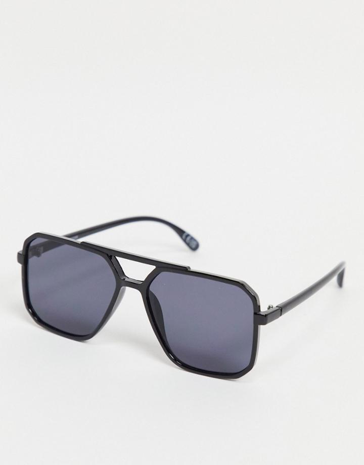 Asos Design Plastic Angular Aviator Sunglasses In Shiny Black