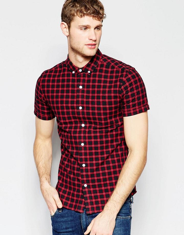 Asos Skinny Check Shirt In Short Sleeve - Black