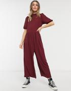 Asos Design Frill Neck Smock Jumpsuit In Dark Red