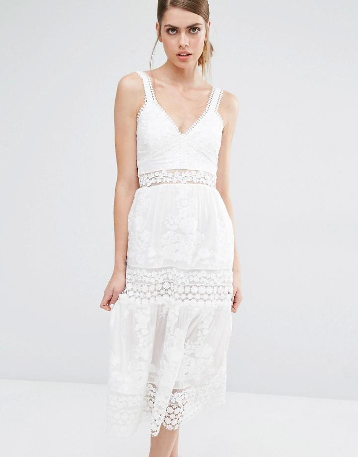 Self Portrait Plunge Neck Prairie Dress With Organza Slip Detail - White