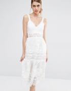 Self Portrait Plunge Neck Prairie Dress With Organza Slip Detail - White
