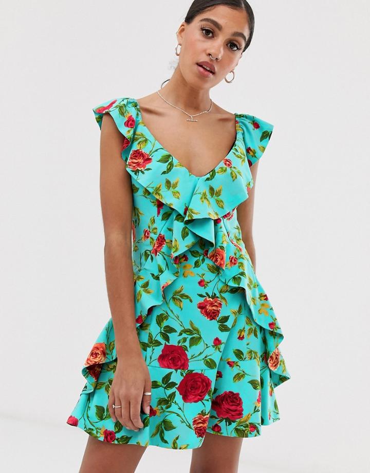 Signature 8 Rose Print Ruffle Mini Dress-blue